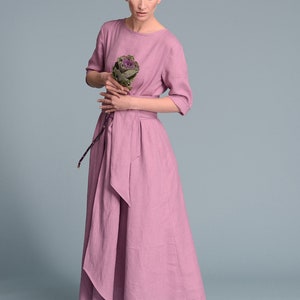 TANIA Long Linen Dress With 3/4 Sleeve and Wide & Long Belt, Natural ...