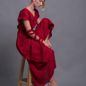 Red Long Dress EVA with open back, Linen Maxi Dress, Summer Boho Linen Dress, Vacation Short sleeves Linen Dress, Red Summer Party Dress