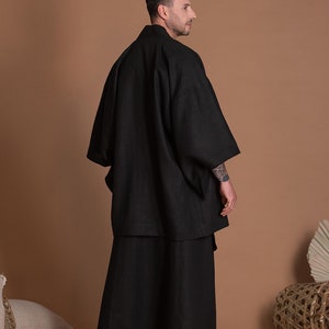 Black Linen Haori Japanese Kimono Jacket for Men image 7