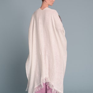 BOHO Open-Weave Linen Cape, Women's Lagenlook Fringe Kimono Cardigan, Bohemian Rustic Wedding White Poncho Cover-Up, Long Flax Shawl Wrap image 8