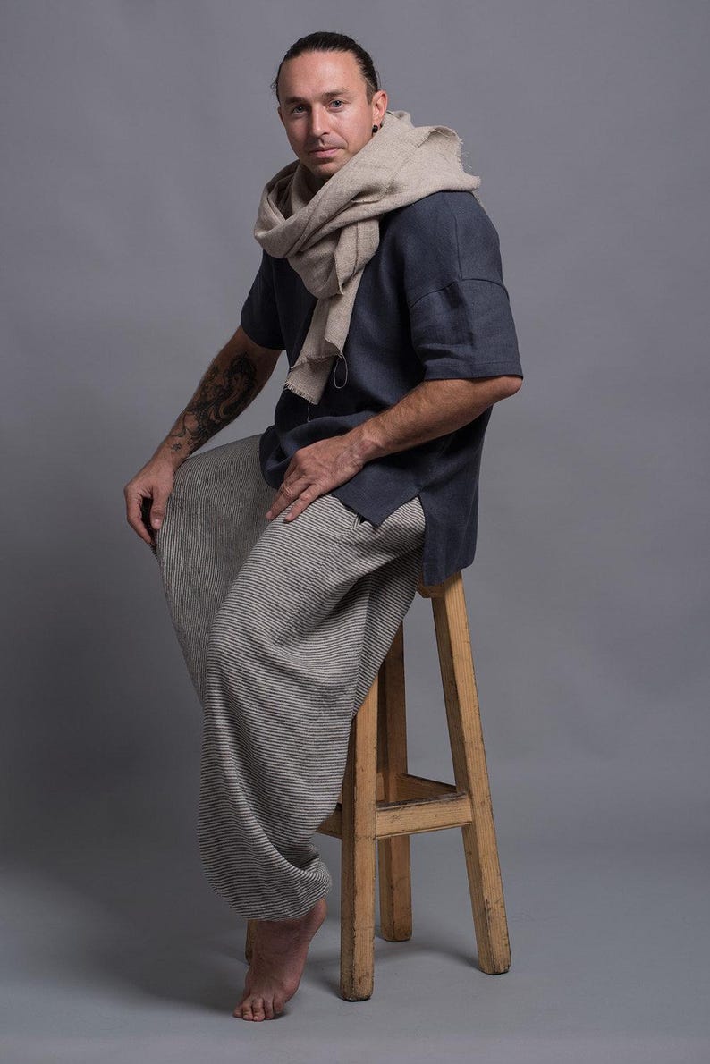 Casual linen t shirt men, relaxed fit natural linen clothing for summer