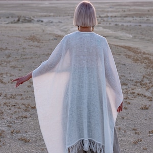 Linen Poncho with Fringe Gender Neutral Adult Clothes Desert Hues: Agender Linen Collection zdjęcie 7