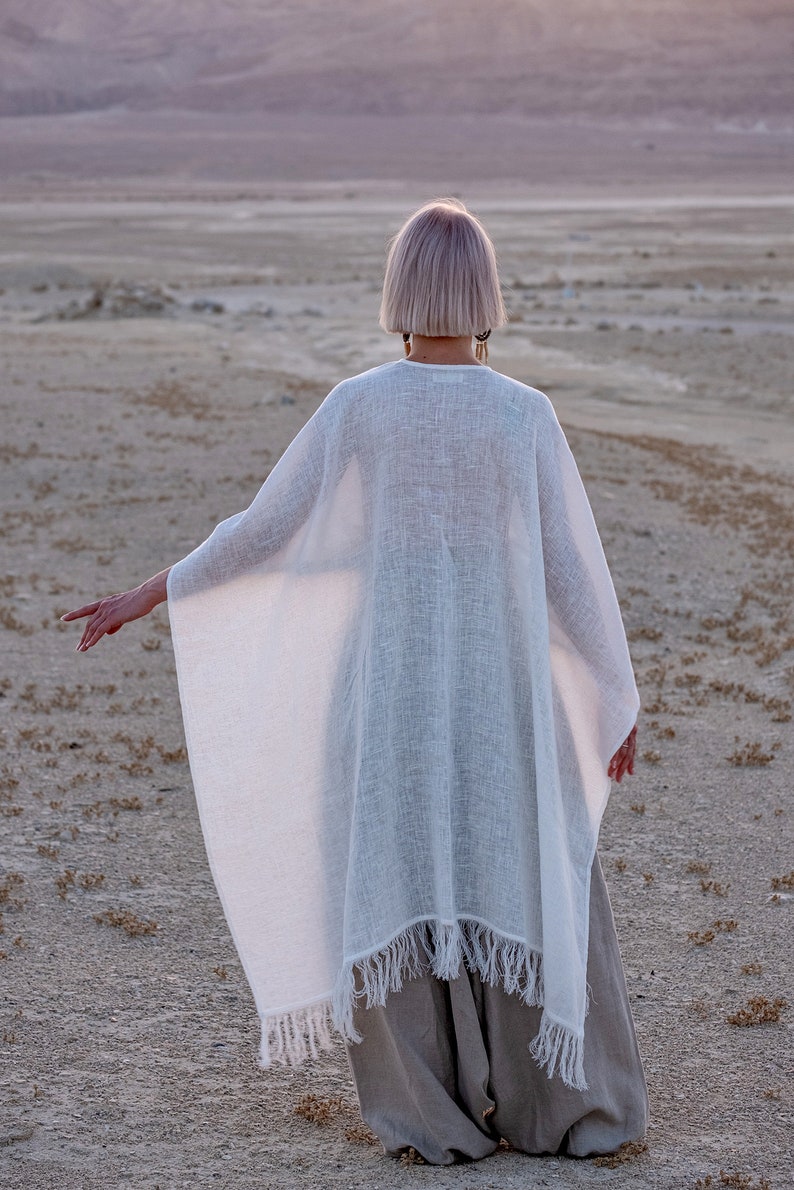 Linen Poncho with Fringe Gender Neutral Adult Clothes Desert Hues: Agender Linen Collection zdjęcie 7