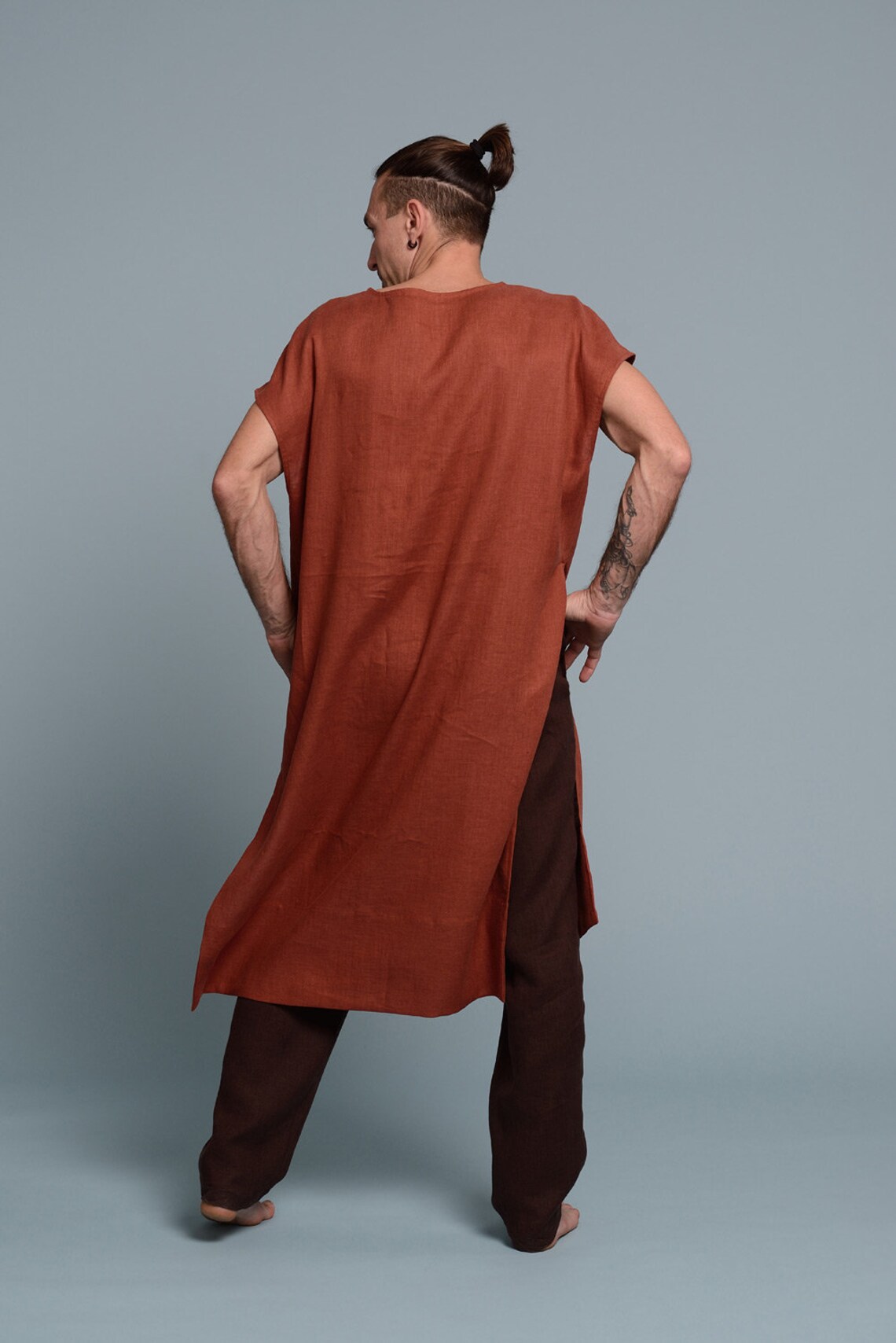 SANGA Men's Long Linen Tunic High Slits Loose Flax | Etsy