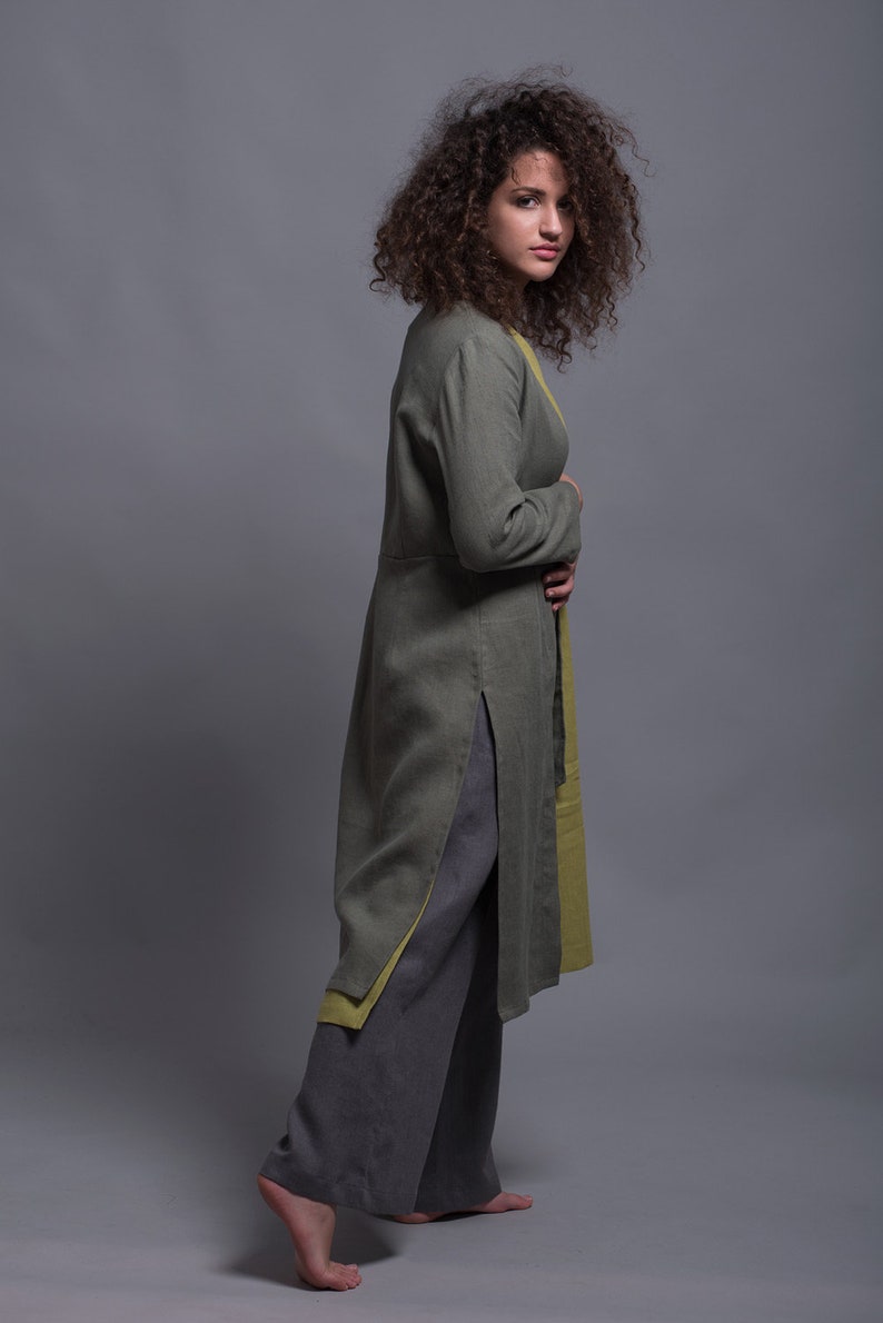 Long Linen Jacket TOLLO with a Belt, Long sleeves Flax Cardigan, Green Summer Natural Linen Blazer, Women Linen Clothing, Lagenlook Boho Set image 3