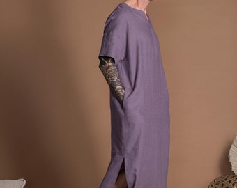 Men's Kaftan Dress ZIV | Long Linen Tunic for Man | Festival Mens Tunic Dress Caftan | Flax Loungewear, Homewear Jellaba, Casual Thobe