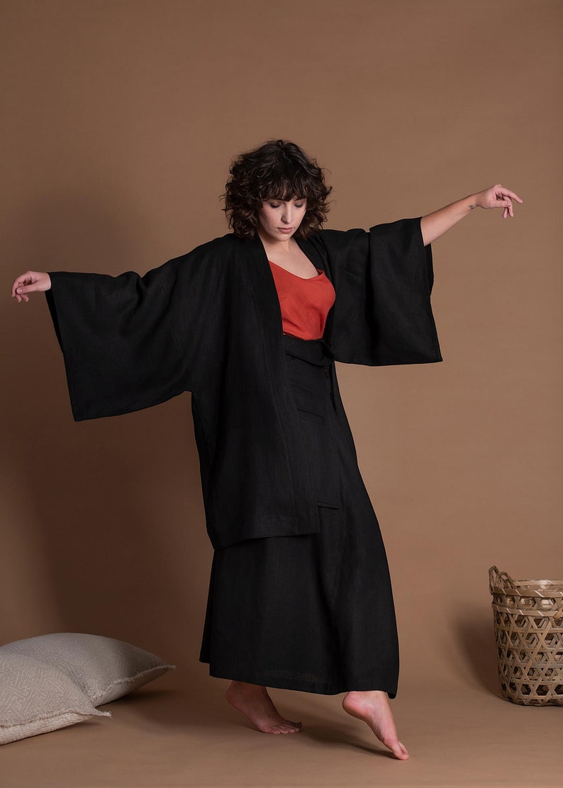 Black Linen Haori Japanese Kimono Jacket for Men image 5