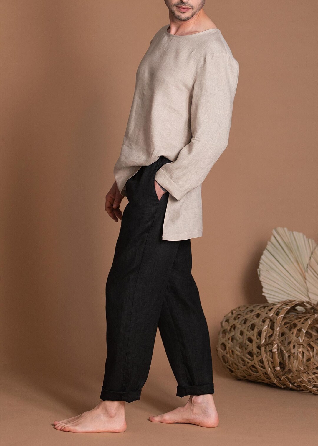 Men's Black Linen Pants YOSH, Custom Made Natural Flax Linen Trousers for Men, Petite, Plus Size