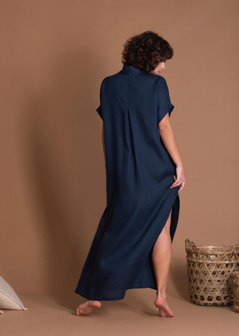 Blue Linen Maxi Dress, V-Neck Summer Kaftan with Pockets image 7