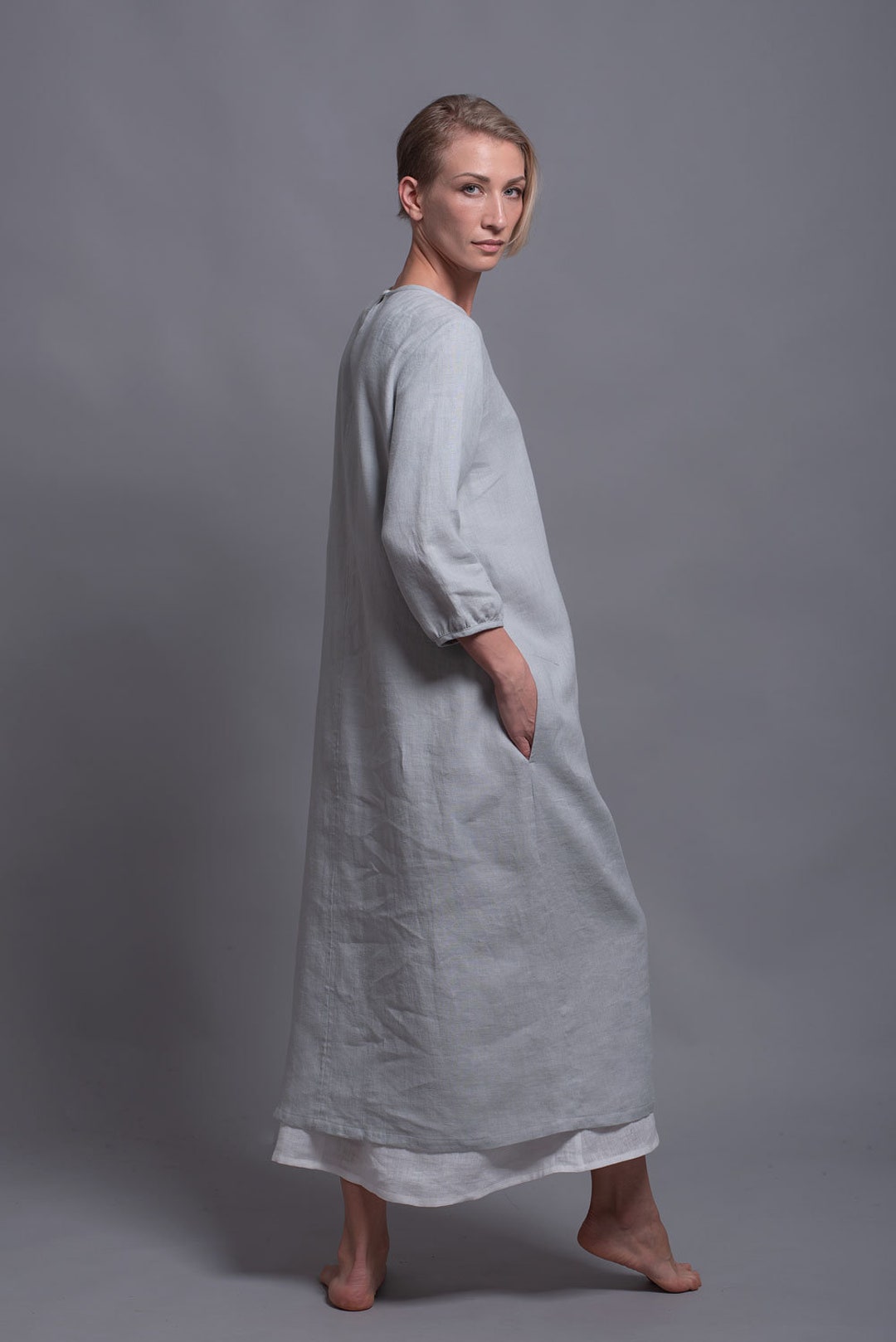 NIKA Loose Linen Dress Long Washed Flax Dress With Sleeves - Etsy