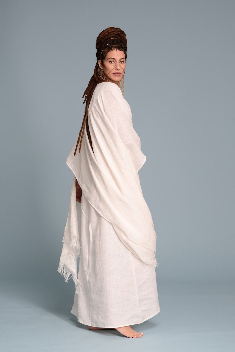 BOHO Open-Weave Linen Cape, Women's Lagenlook Fringe Kimono Cardigan, Bohemian Rustic Wedding White Poncho Cover-Up, Long Flax Shawl Wrap image 1