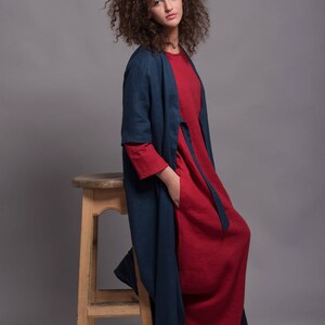 Outfit 2 pieces URSA Long Linen Open Front Caftan & DOR Minimalist Loose Linen Maxi Dress Long Sleeves Custom Made Flax Linen Clothing image 3