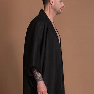 Black Linen Haori Japanese Kimono Jacket for Men image 2