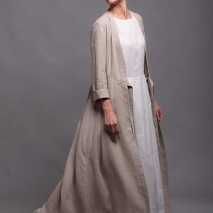 HENK Long Linen Jacket, Maxi Beige Linen Coat, Long Sleeves Vegan Jacket, Washed Linen Cardigan, Women&#39;s washed linen clothing, 31 colors