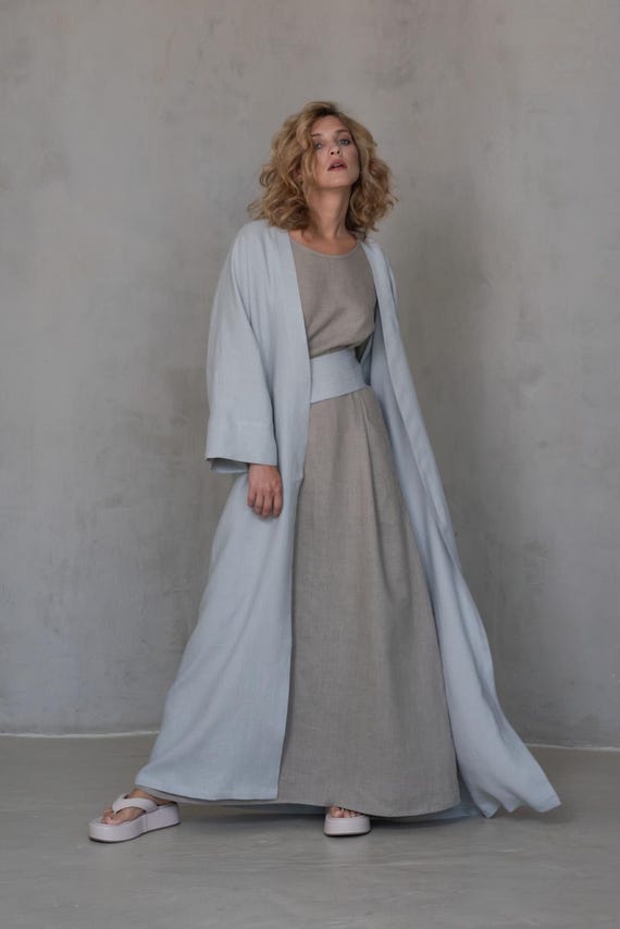Long Sleeve Linen Maxi Dress for Women, Flax A-Line Winter Dress with Pockets, 100% Natural Fiber Handmade Clothing, Petite - Plus Size
