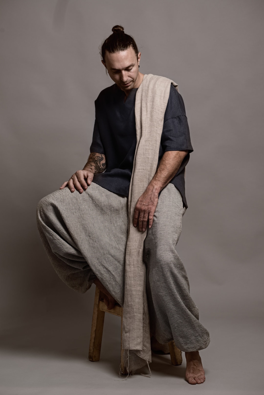 Men's Striped Linen Harem Pants, Drop Crotch Loose Fit Festival
