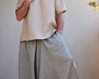 Pantalón Harem de hombre de lino a rayas con bolsillos. Entrepierna caída, Ajuste holgado, Baggy, Pantalones de pierna ancha de lino, Pantalones de yoga para hombre, Talla grande Sarouel Homme