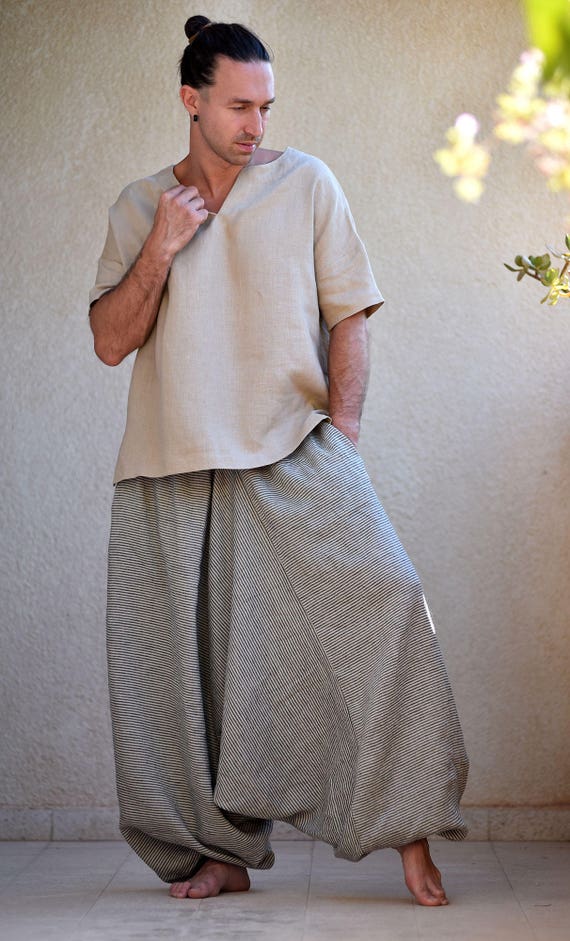 Striped Linen Men's Harem Pants With Pockets. Drop Crotch, Loose