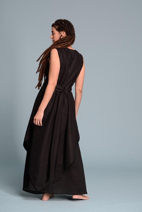Black Linen Dress for Women, Double Layered Flax Tunic, Sleeveless Minimalist Long Dress, Boho Alternative Wedding Dress, Petite - Plus Size Black Linen Dress for Women, Double Layered Flax Tunic, Sleeveless Minimalist Long Dress, Boho Alternative Wedding Dress, Petite - Plus Size