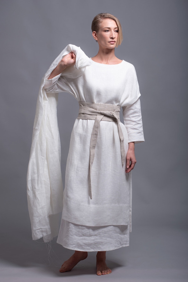 White Linen Tunic Dress SANGA, Viking Wedding White Dress Costume Medieval Style Festival Clothing, Large Linen Dress Summer Natural Clothes image 7