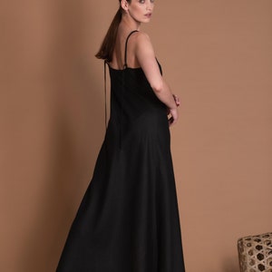 Black Linen Slip Dress in Bias Cut with Spaghetti Straps VERED image 5