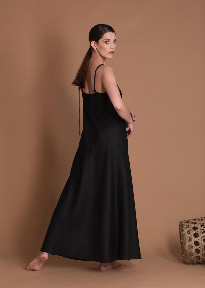 Black Linen Slip Dress in Bias Cut with Spaghetti Straps VERED image 5