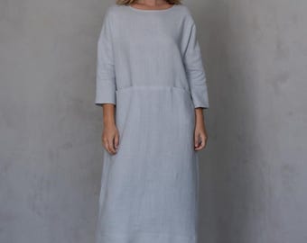 Straight Linen Dress for Women, Minimalist Long Flax Tunic, Natural Fiber Front Pockets 3/4 Sleeve Relaxed Dress, Handmade Sustainable Wear