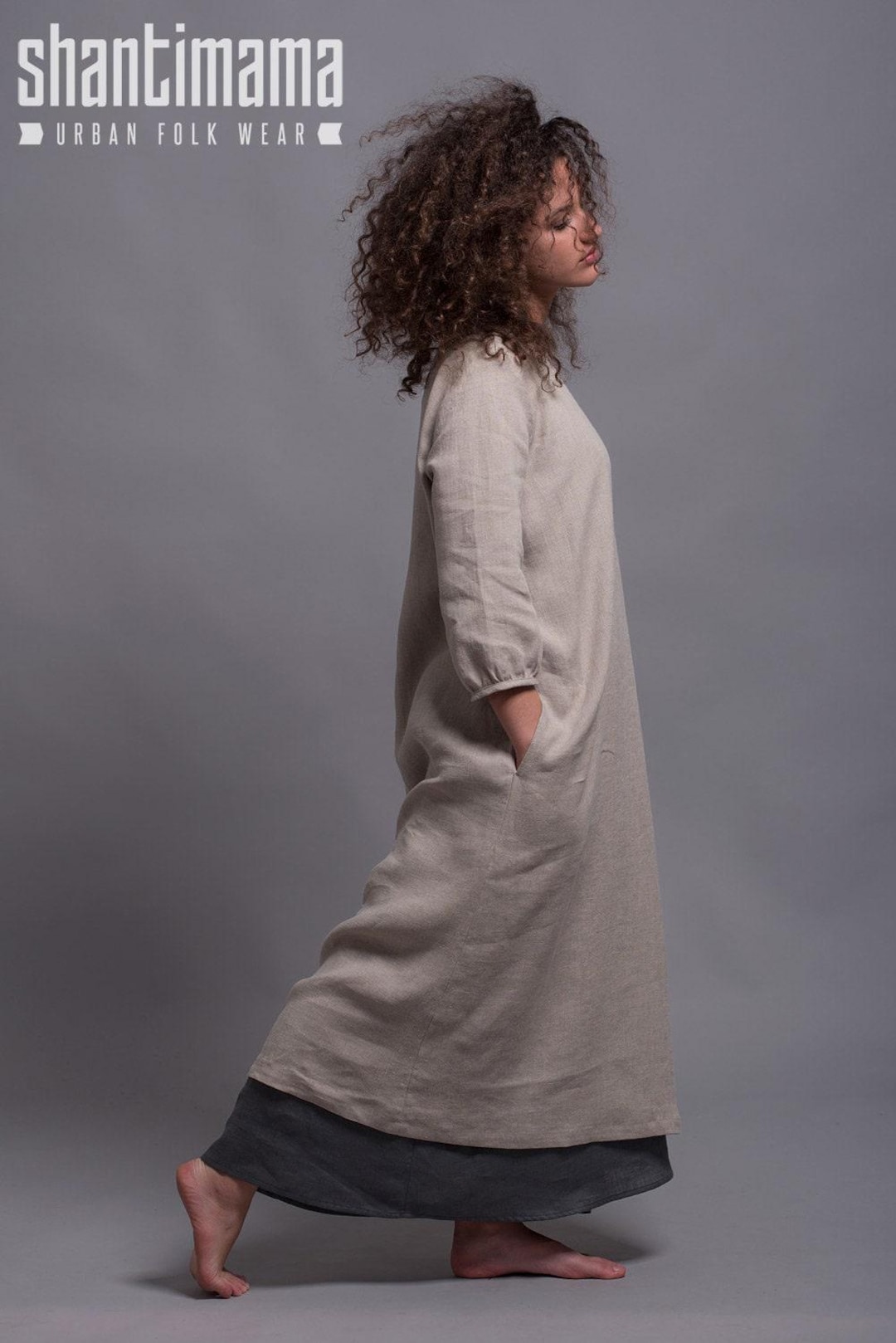 Modest Linen Dress for Women, Mid-Calf Straight Dress, Long Sleeve Natural Flax Clothing, Minimalist Capsule Wardrobe Layer Petite Plus Size