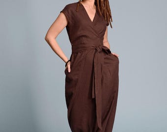 TALISE Dark Brown Linen Wrap Jumpsuit with Wide Harem Pants, Natural Flax Overall, Custom Size Petite Plus Size Women&#39;s Flax Linen Clothing