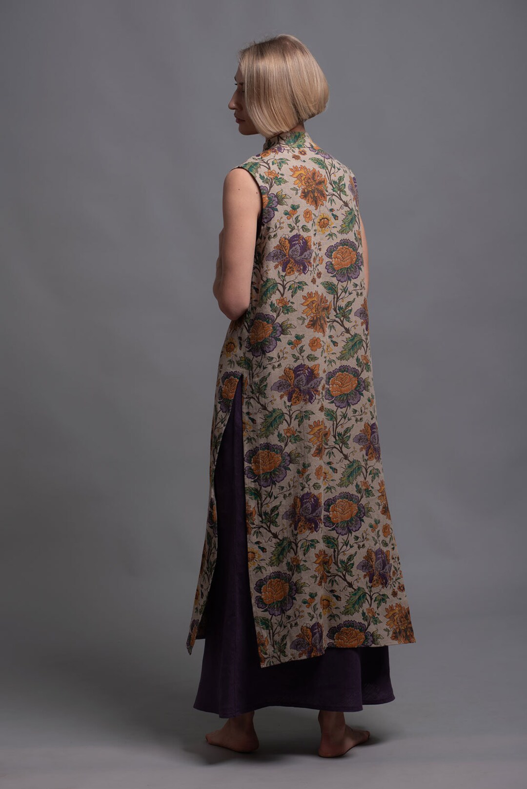 Linen Long Vest GAYA, Women Maxi Floral Print Sleeveless