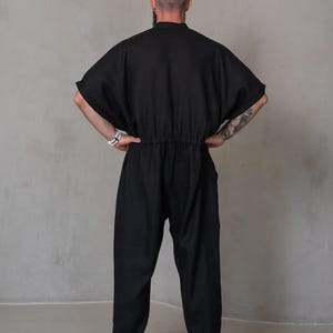 black linen jumpsuit men elastic cuff style