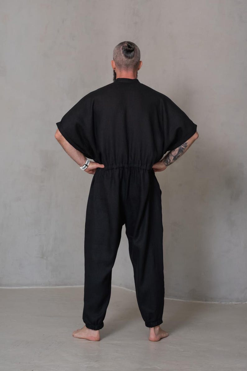 black linen jumpsuit men elastic cuff style