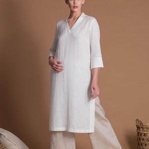 Slim Fit Linen Tunic With Sleeves VICTORY White Summer Flax Linen Clothes For Women Petite, Regular, Plus Size, Tall Custom Made Top image 4