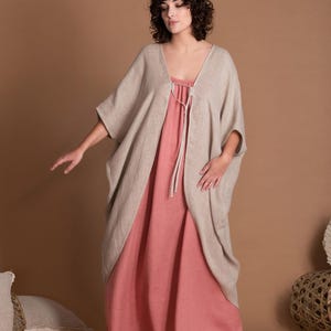 リネンのアウトフィット | 2点セット | 軽量リネンのオープンバックサンドレス＆カバーアップ | レギュラー、プラスサイズ、トールサイズ - オーダーメイドレディース服
