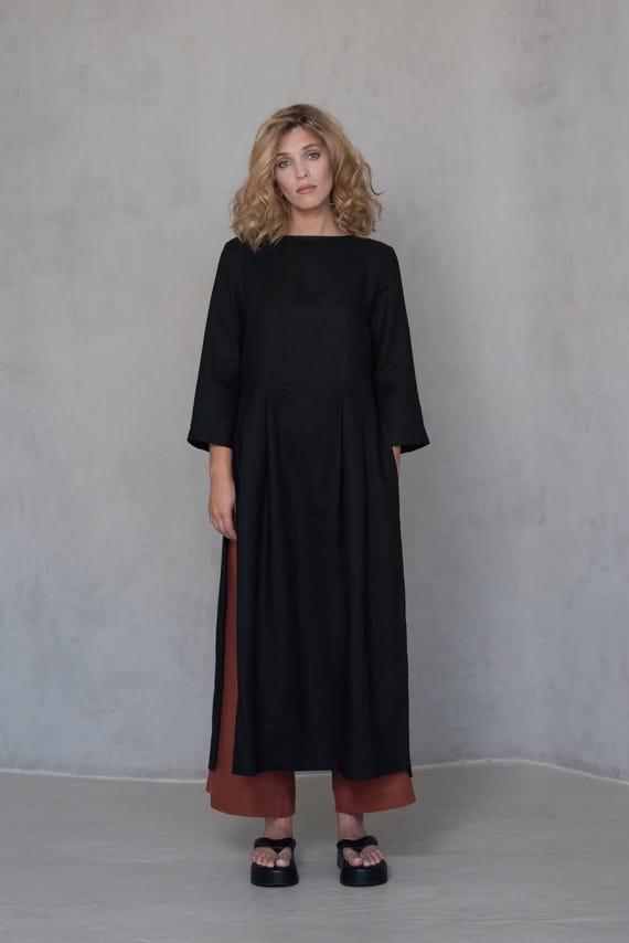 Linen Tunic Dress with 3/4 Sleeves, Long A-Line Medium Weight Flax Tunic, Made to Measure Natural Fiber Clothing, Black Minimalist Style Linen Tunic Dress with 3/4 Sleeves, Long A-Line Medium Weight Flax Tunic, Made to Measure Natural Fiber Clothing, Black Minimalist Style