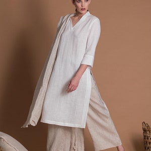 Linen Outfit 2 items Linen Tunic Kurti & Linen Wide Leg Pants Regular, Plus Size, Tall Custom Made Women's Clothes image 7