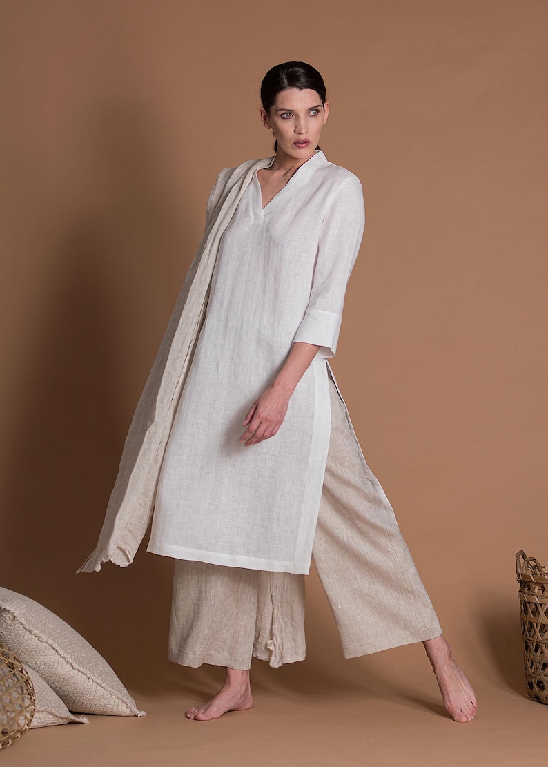 Linen Outfit 2 items Linen Tunic Kurti & Linen Wide Leg Pants Regular, Plus Size, Tall Custom Made Women's Clothes image 7