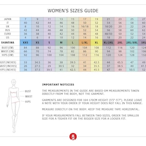 The image is a guide for women's sizes, providing measurements and corresponding clothing sizes for various countries and styles.