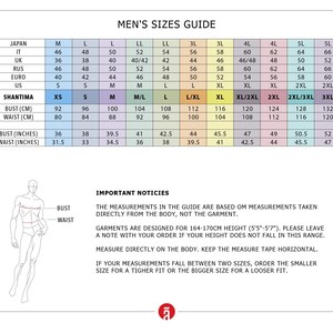 The image is a guide for men's sizes, providing measurements and corresponding bust, waist, and hip measurements for various countries and styles.