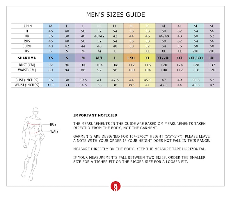 The image is a guide for men's sizes, providing measurements and corresponding bust, waist, and hip measurements for various countries and styles.