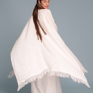 BOHO Open-Weave Linen Cape, Women's Lagenlook Fringe Kimono Cardigan, Bohemian Rustic Wedding White Poncho Cover-Up, Long Flax Shawl Wrap image 9