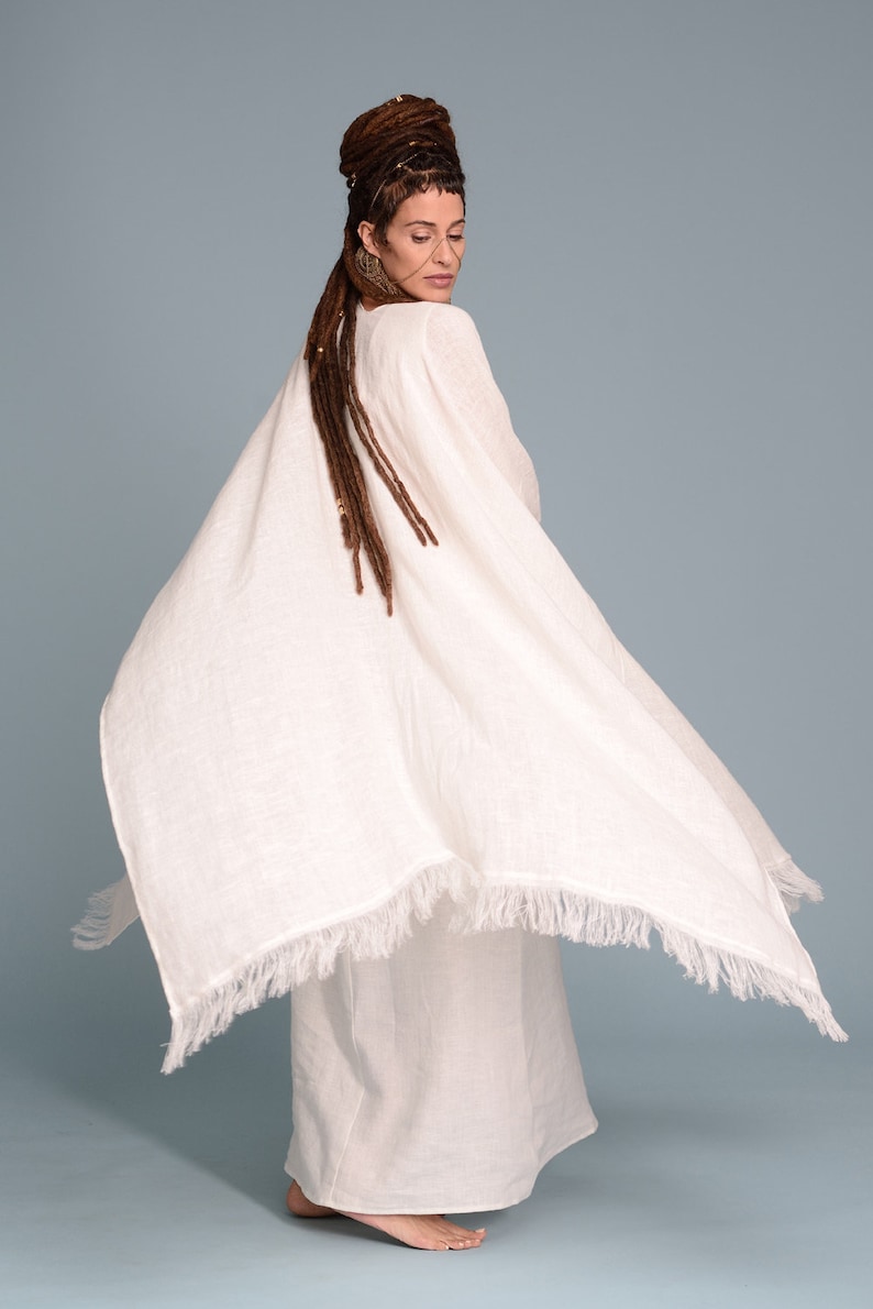 BOHO Open-Weave Linen Cape, Women's Lagenlook Fringe Kimono Cardigan, Bohemian Rustic Wedding White Poncho Cover-Up, Long Flax Shawl Wrap image 9