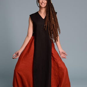 Top tunique en lin noir, col en V sans manches, taille Lagenlook personnalisée image 9