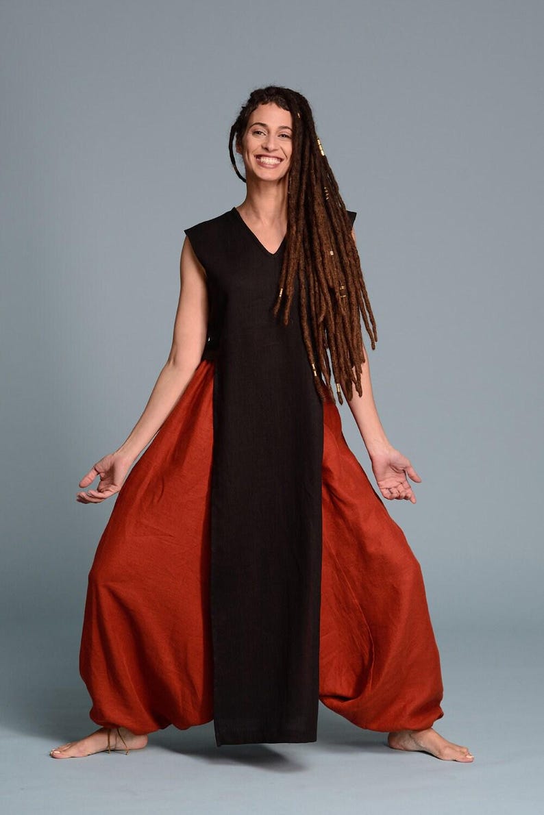 Top tunique en lin noir, col en V sans manches, taille Lagenlook personnalisée image 9