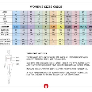 The image is a guide for women's sizes, providing measurements and corresponding clothing sizes for various countries and styles.