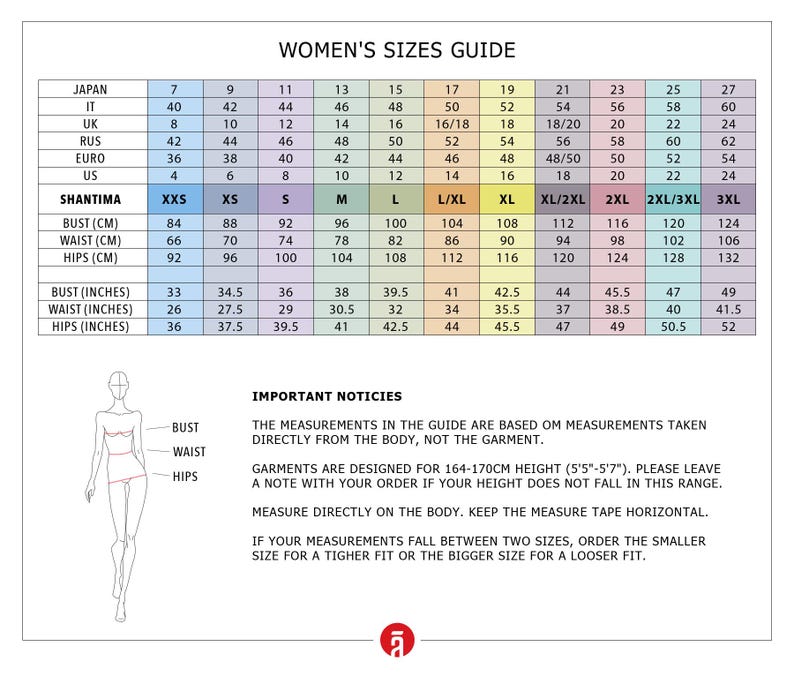 The image is a guide for women's sizes, providing measurements and corresponding clothing sizes for various countries and styles.