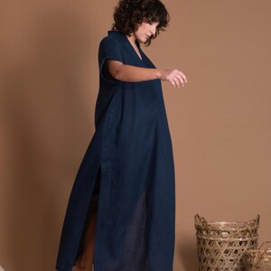 Blue Linen Maxi Dress, V-Neck Summer Kaftan with Pockets image 3