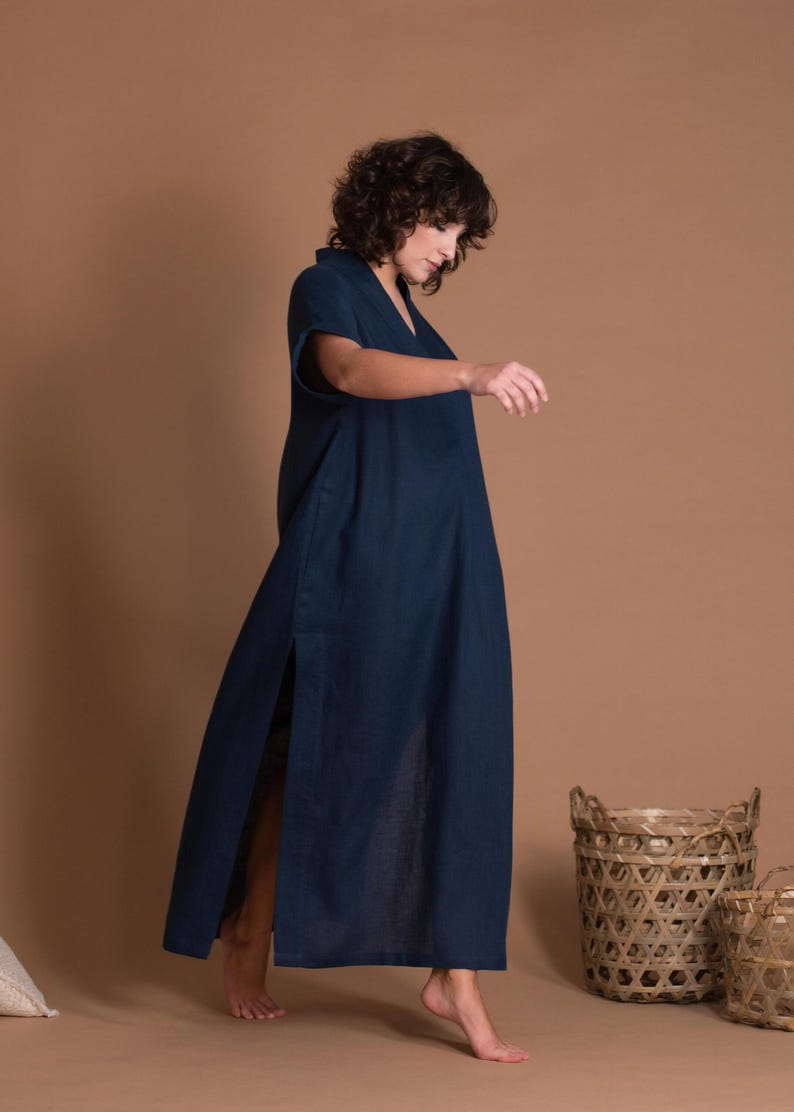 Blue Linen Maxi Dress, V-Neck Summer Kaftan with Pockets image 3