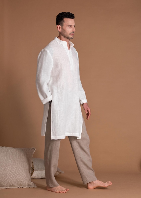 Camisa Oversize de Lino para Hombre con Cuello en V en Beige