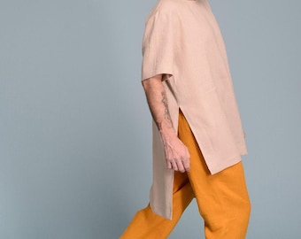 Leinen Tunika Shirt Kurzarm, Leinen Kaftan Herren, Minimalistisches Leinen Top, Sommer Leinenhemd Herren, Loose Fit Tunika